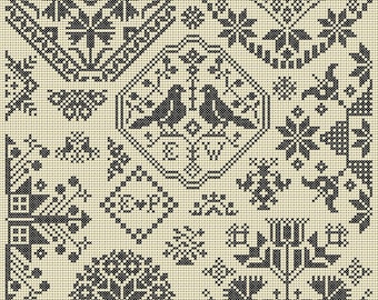 Quaker Cross Stitch Sampler PDF chart using original Quaker motif patterns
