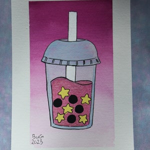 Bubble Tea Star Boba Watercolour Artwork With Shimmer
