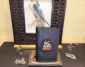 Portafoglio per carte di credito e banconote con Falco con cappuccio, Regalo per falconiere, Fatto a mano in Italia, Vera pelle italiana