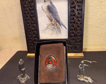 Portafoglio per carte di credito e banconote con Falco con cappuccio, Regalo per falconiere, Fatto a mano in Italia, Vera pelle italiana