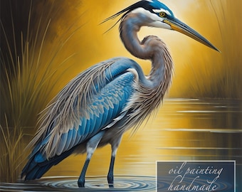 アオサギのオリジナル油絵 8x8インチ 鳥の壁掛けアート - 現代アート