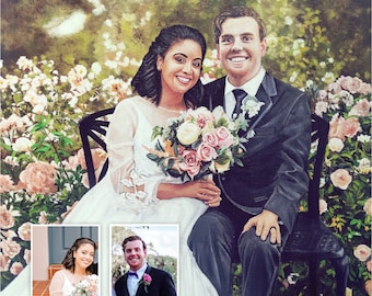Puede incluir: Una pintura de una pareja en un entorno de jardín. La novia lleva un vestido de novia blanco y el novio lleva un traje negro. Están sentados en un banco con un ramo de flores en sus manos.