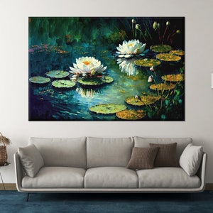 Lotus Wall Art Painting, White Lotus Wall Decor, Water Lilies Painting ...