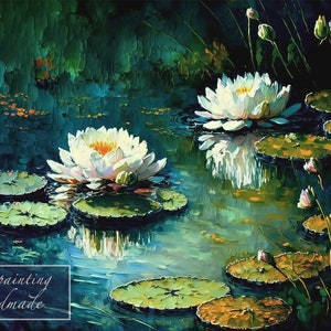 Lotus Wall Art Painting, White Lotus Wall Decor, Water Lilies Painting, Therapy Office Decor, Lotus Painting, Water Lily Art