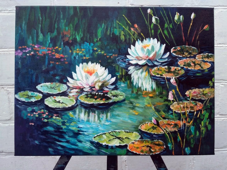Lotus Wall Art Painting, White Lotus Wall Decor, Water Lilies Painting ...