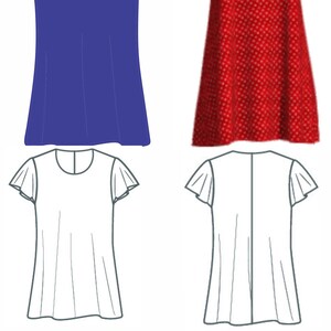 以下が含まれることがあります： 4つのドレスのパターンセット、2つはカラー、2つは白黒の線画。カラーのドレスは、無地のブルーと白のドットのレッド。線画のドレスは、フリル付きの短い袖と丸いネックラインです。