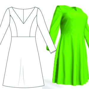 Może przedstawiać: Liniowy rysunek sukienki z długimi rękawami i dekoltem w kształcie litery V. Sukienka ma dopasowany gorset i rozkloszowaną spódnicę. Obok rysunku znajduje się zdjęcie jasnozielonej sukienki z długimi rękawami i podobnym stylem.