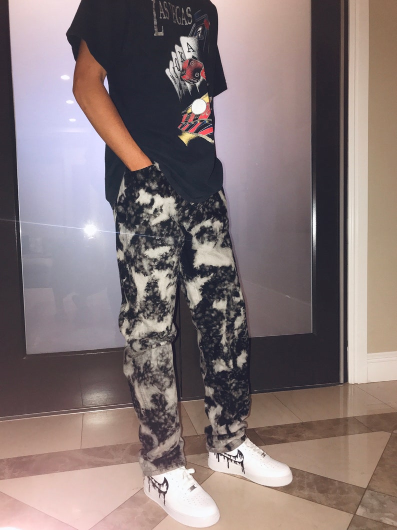 Unisex Black Bleach Dye Jeans Etsy
