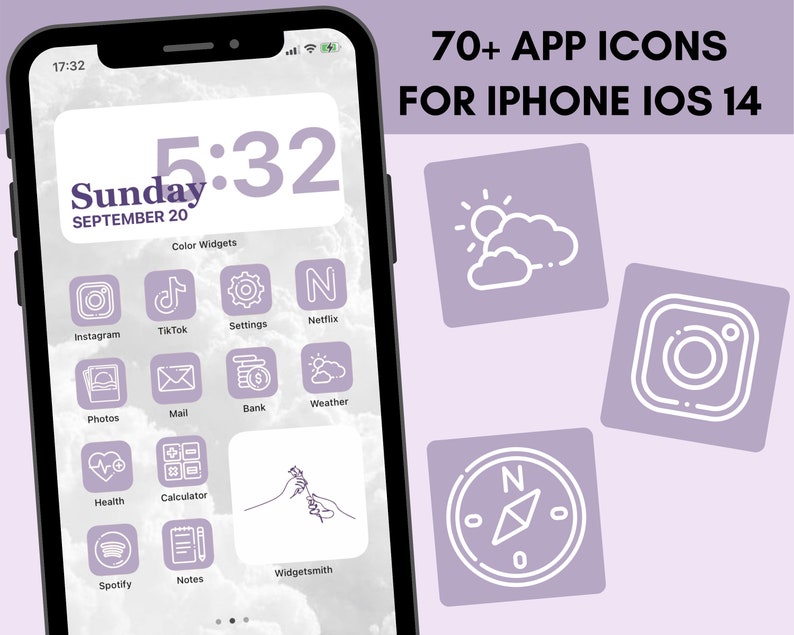 IPhone IOS 14 App Icons Pack Lavender Violet Purple Apps