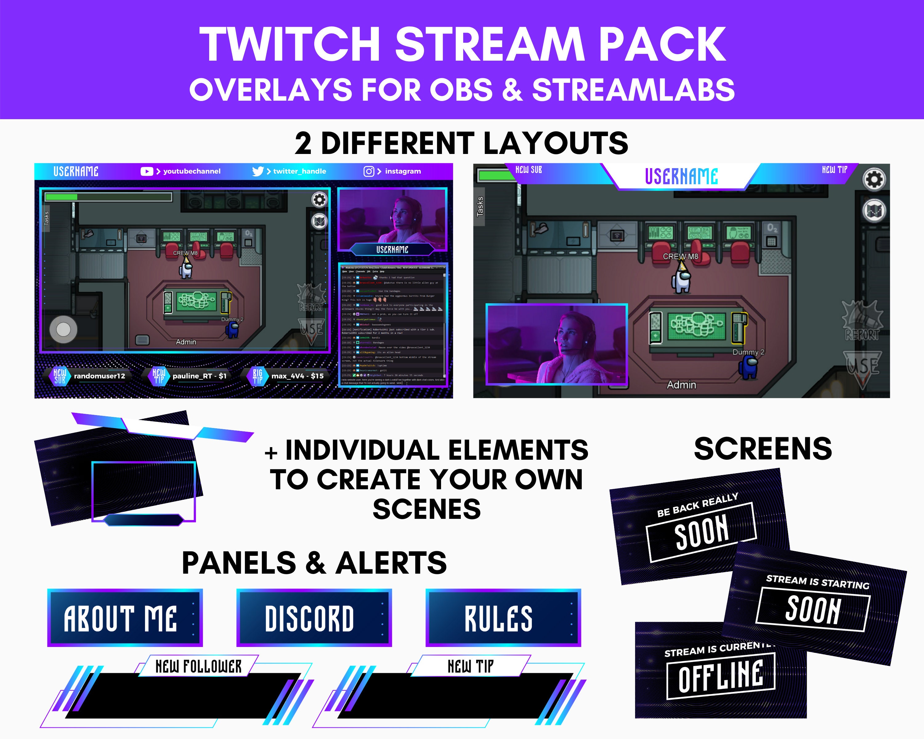 Twitch Overlay Blue Purple Overlays For Twitch Stream Obs Etsy
