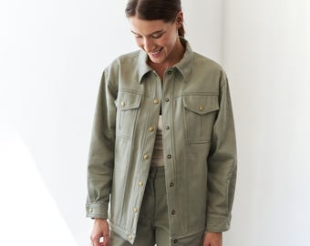 Chaqueta vaquera verde oliva con bolsillos / Chaqueta vaquera verde oliva de primera calidad para mujer
