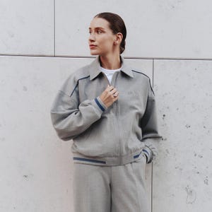 Light Gray Bomber Jacket with Pockets and Embroidery | Oversized Women&#39;s Blazer | Stylish Premium Grey Jacket