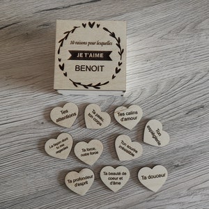 boite et coeur 10 raisons pour lesquelles je t'aime en bois personnalisable