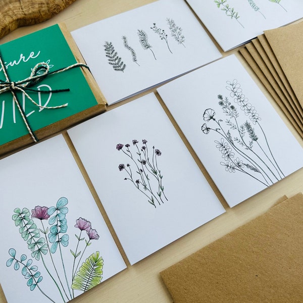 Pakket van 10 botanische notitiekaarten + gerecyclede enveloppen met 5 verschillende wilde bloemen- en eucalyptusontwerpen - blanco binnenkant voor uw bericht