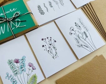 Pack of 10 Botanical Note Cards + Recycled Envelopes Featuring 5 Different Wildflower and Eucalyptus Designs - Blank Inside For Your Message