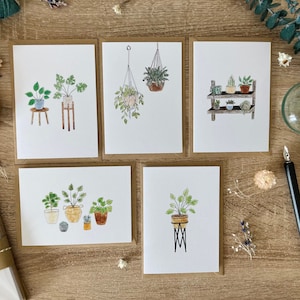 Pack of 10 Botanical Note Cards With Recycled Envelopes - 5 Different Houseplant Designs and Blank Inside For Your Message