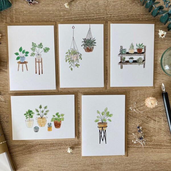 Lot de 10 cartes de correspondance botaniques avec enveloppes recyclées - 5 motifs de plantes d'intérieur différents et intérieur vierge pour votre message