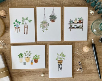 Pack of 10 Botanical Note Cards With Recycled Envelopes - 5 Different Houseplant Designs and Blank Inside For Your Message