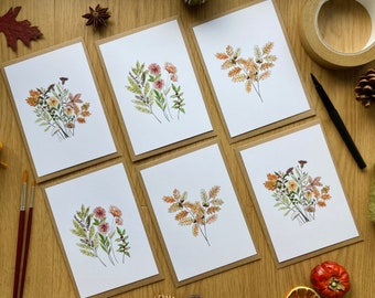 Autumn Note Card Pack / Pack of 6 Seasonal Fall Note Cards + Brown Recycled Envelopes / Blank Inside and Eco-Friendly
