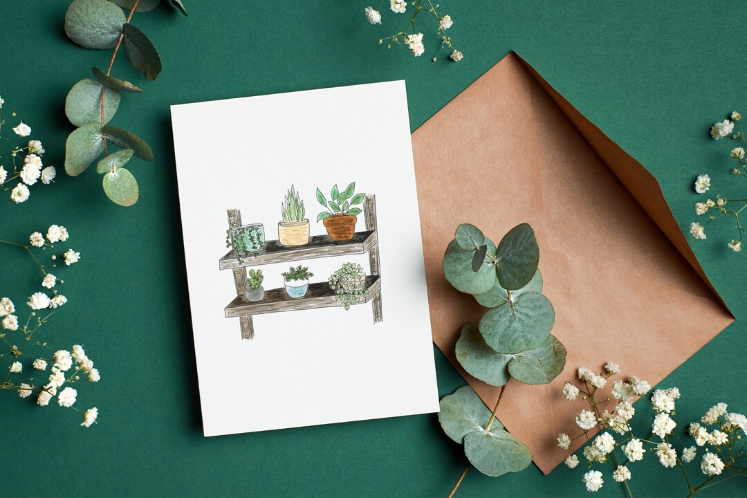 Houseplants Card blank Inside and Recycled Brown Envelope Illustrated