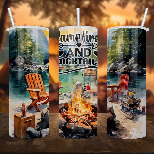 Campfires and Cocktails 20 oz Skinny Tumbler Sublimation Design, Campfire Seamless, Camping crew png, Camping Summer Tumbler, Trip Tumbler