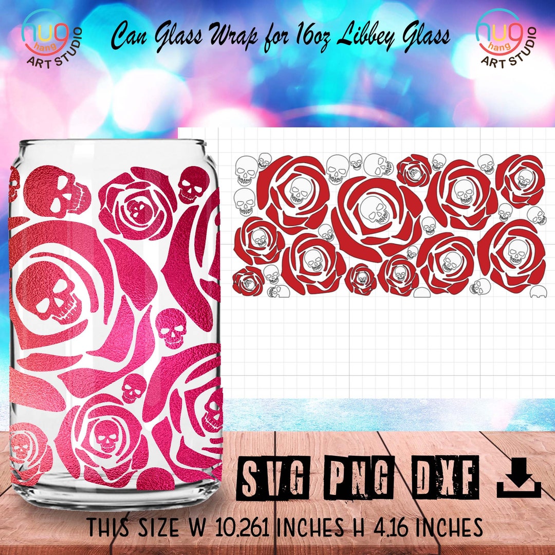 Skull Rose Libbey 16oz Can Shaped Glass Svg File Cup Wrap, Halloween ...
