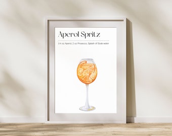 Bar Cart Aperol Spritz Art Print | Cocktail Art Decor Poster Minimalist | Mixology Gift | Alcohol Sign Bar Cart | Watercolor Drink Painting