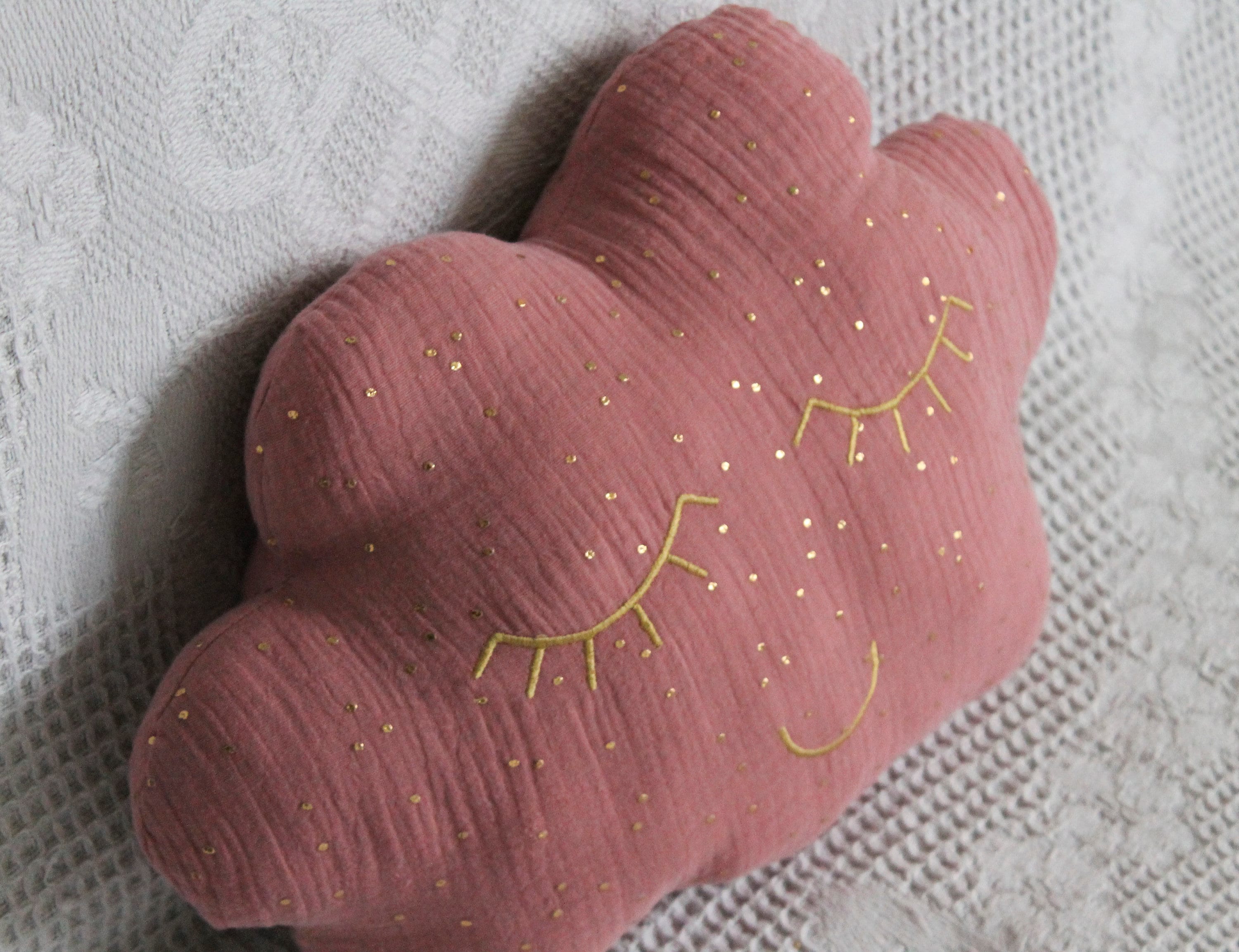 Coussin Nuage Soir d'été Double Gaze Rose Terracotta 100% Coton Paillettes Or Ouate Polyester Visage