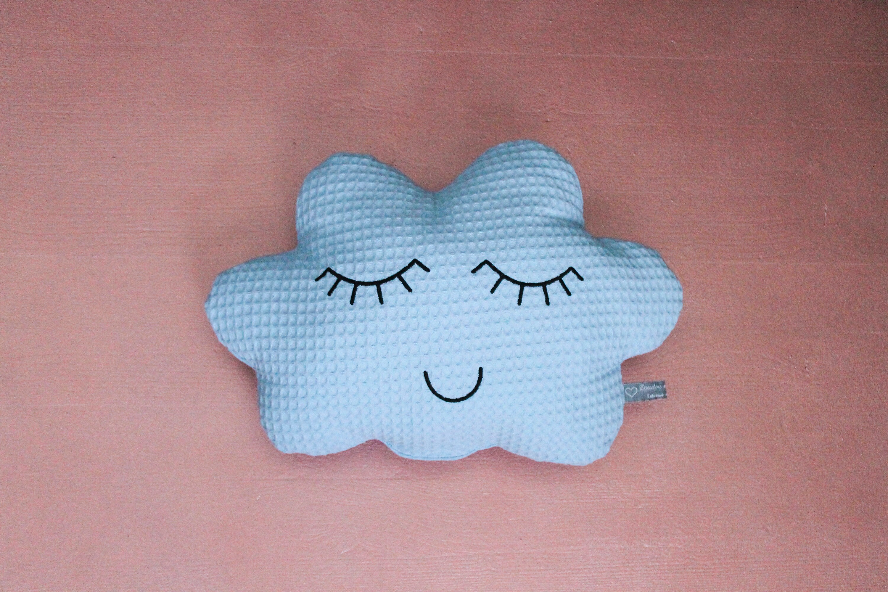 Coussin Nuage Doudou Bleu Tendre Nid d'abeille 100% Coton Intérieur Ouate Polyester Visage Brodé Yeu