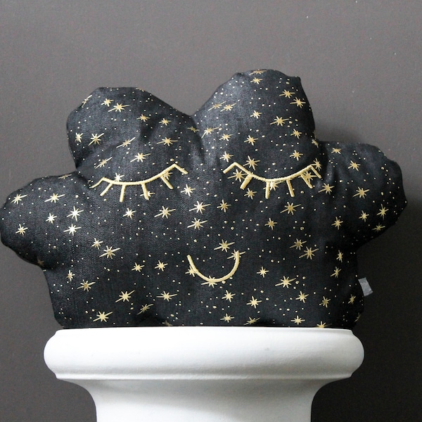 Star-studded night cloud cushion doudou black jeans 100% cotton gold stars stuffed polyester face embroidered gold thread closed eyes serene smile