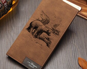Card Case Black Leather Credit Card Wallet With Polar Bear Design Gift For Husband Thin Wallet Mens Minimalist Wallet Bear Gift