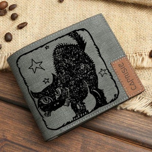 Cartera con diseño de gato negro en la noche para hombre y mujer / Cartera con diseño de gato de Halloween / Cartera personalizada con diseño de gato y estrellas / Idea de regalo