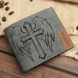 Cartera con Cruz con Alas Grabadas / Cartera Espiritual Católica para Hombre y Mujer / Cartera de Regalo Cristiano / Cartera con Cruz con Alas de Ángel