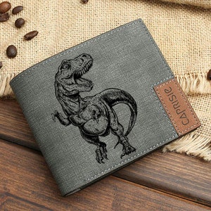Cartera con diseño de dinosaurio tiranosaurio para hombres y mujeres / Cartera Jurásica T-Rex / Cartera personalizada de dinosaurio prehistórico / Idea de regalo