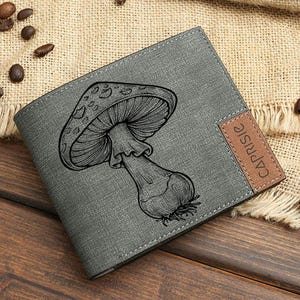 Carteira com gravação de cogumelos | Carteira masculina e feminina Fungi Nature | Presente exclusivo para caçadores de cogumelos e amantes de cogumelos | Carteira Rustic Forest