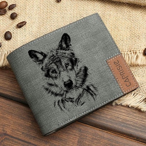 Cartera personalizada con adorable lobo / Cartera para hombre y mujer para amantes de la vida silvestre / Idea de regalo personalizada con un animal