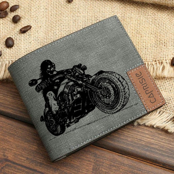 Portefeuille personnalisé motard squelette | Portefeuille motard pour homme et femme | Cadeau motard personnalisé | Cadeau pour amateur de moto | Portefeuille Skull Rider