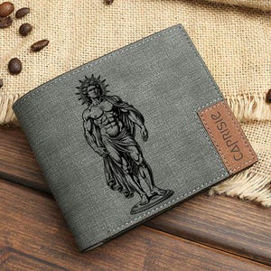 Cartera del dios del sol Apolo / Cartera con mitología grabada para hombre y mujer / Cartera del dios griego de la luz / Regalo artístico hecho a mano / Cartera inspirada en Helios