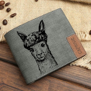 Cartera personalizada con diseño de llama para hombre y mujer / Cartera con retrato de animal grabado / Cartera con texto personalizado / Idea de regalo única para amantes de la naturaleza