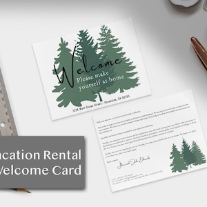 Modèle de carte de bienvenue pour location de vacances - Modifiez en ligne avec Canva, carte postale modifiable Airbnb Green Trees House