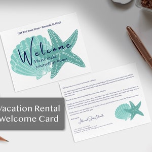 Modelo de cartão de boas-vindas para aluguel de férias - edite online com o Canva, modelo editável de casa de praia do Airbnb