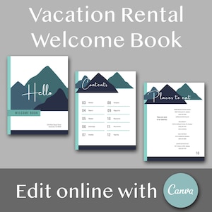 Plantilla de libro de bienvenida de Airbnb para cabañas de montaña: Manual de la casa editable (Canva)