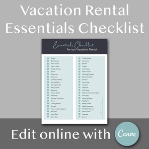 May include: A checklist for vacation rental essentials, with two columns of items, including sheets, towels, kitchenware, cleaning supplies, and entertainment items. The checklist is titled "Essentials Checklist for our Vacation Rental".