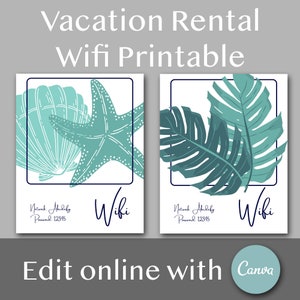 Pode incluir: Dois cartazes imprim&iacute;veis para um aluguel de f&eacute;rias, um com uma estrela do mar e uma concha, o outro com folhas tropicais. Ambos os cartazes t&ecirc;m o texto "Wifi" e um espa&ccedil;o para o nome da rede e a senha.