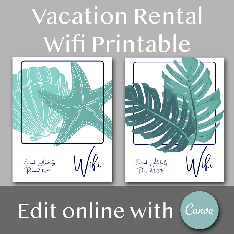 Pode incluir: Dois cartazes imprim&iacute;veis para um aluguel de f&eacute;rias, um com uma estrela do mar e uma concha, o outro com folhas tropicais. Ambos os cartazes t&ecirc;m o texto "Wifi" e um espa&ccedil;o para o nome da rede e a senha.