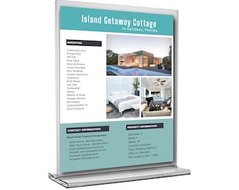 May include: A teal and white sign with the text "Island Getaway Cottage in Getaway, Florida". The sign lists amenities, contact information, and property information for a vacation rental. Amenities include a community pool, private pool, hot tub, pool table, internet access, linens provided, non-smoking, central heat and air, telephone, DVD player, gas grill, dishwasher, stereo, washer and dryer, outside shower, microwave, cable/satellite TV, and deck furniture. Contact information includes a phone number, email address, website, Facebook page, and Instagram account. Property information includes the number of bedrooms, baths, sleeps, location, town, check-in day, and minimum length of stay.