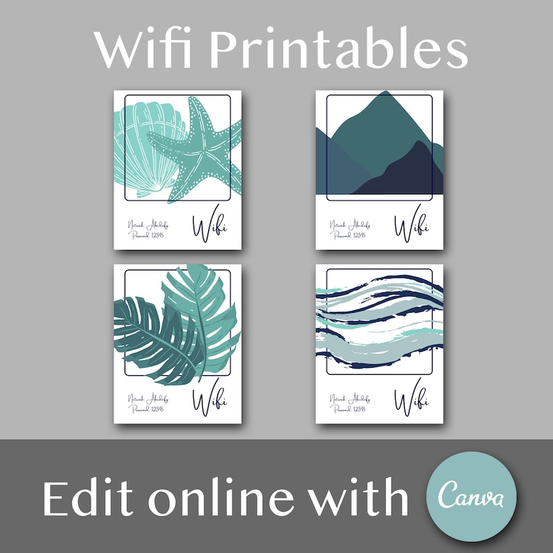 Pode incluir: Quatro designs imprim&iacute;veis para senhas wifi, com uma concha e uma estrela do mar, montanhas, folhas tropicais e ondas abstratas. Cada design tem um fundo branco com uma borda preta e o texto "Wifi" em azul.