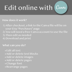 Pode incluir: Um gr&aacute;fico de texto cinza e branco com o texto "Edit online with Canva". O gr&aacute;fico explica como editar um arquivo Canva depois de compr&aacute;-lo no Etsy. Ele tamb&eacute;m lista os recursos que podem ser editados no arquivo Canva, como texto, imagens e p&aacute;ginas.