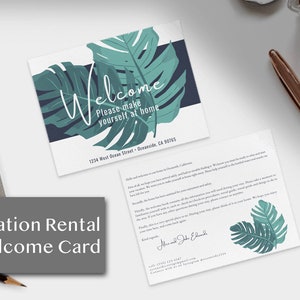 Modèle de carte de bienvenue pour location de vacances Airbnb - À modifier en ligne avec Canva, carte postale modifiable Airbnb Beach Palm House