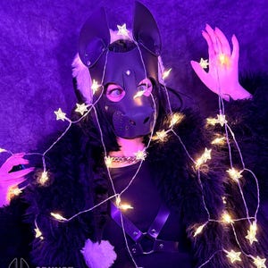 May include: A person wearing a black leather puppy mask with large ears, a black top, and a faux fur coat. The person is adorned with a string of star-shaped fairy lights. The background is a deep purple.